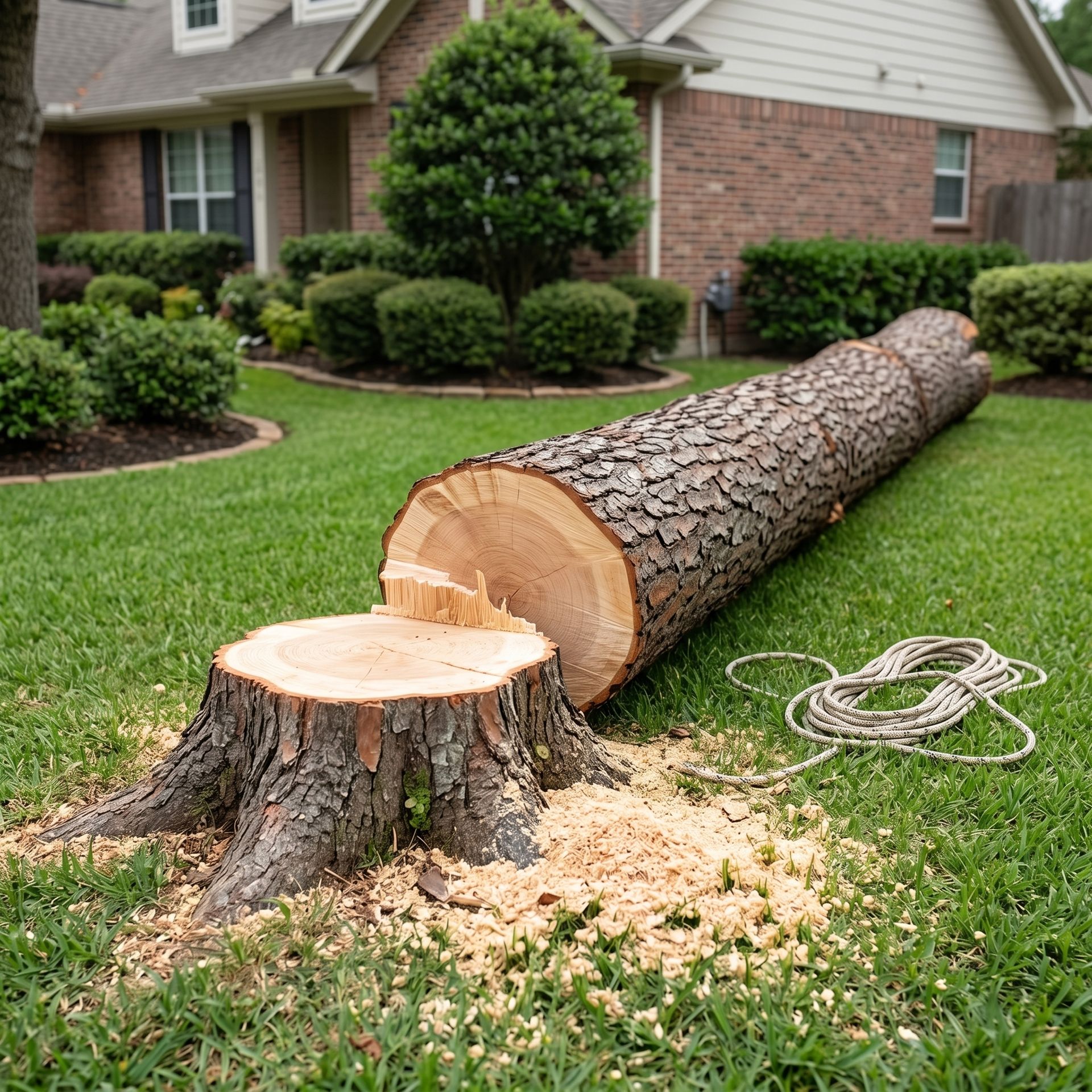 Large tree trunk cut into sections on a suburban lawn beside a house, with wood chips and a coiled rope nearby