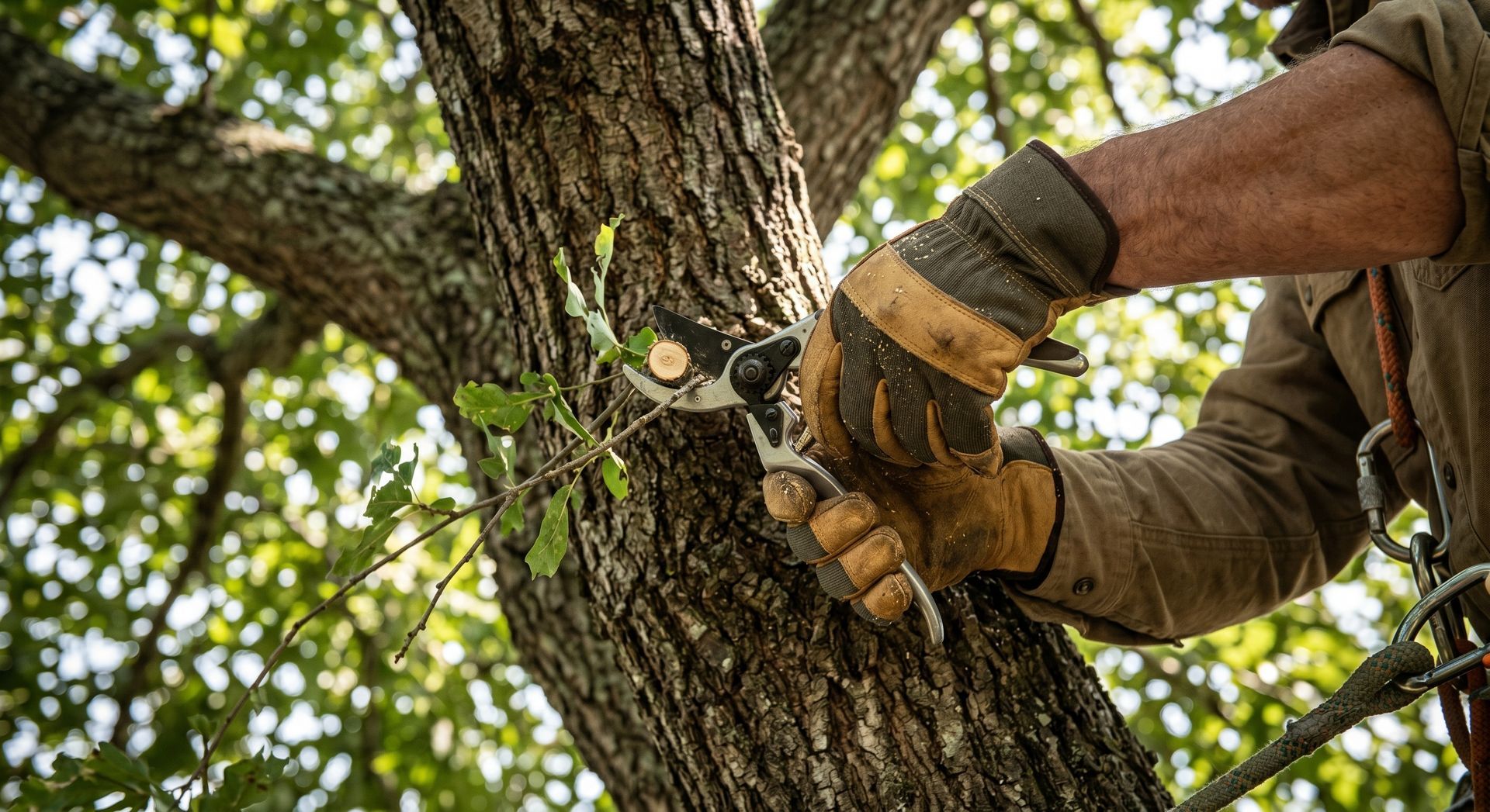 Gloved hands using pruning shears to cut a tree branch amid green leaves