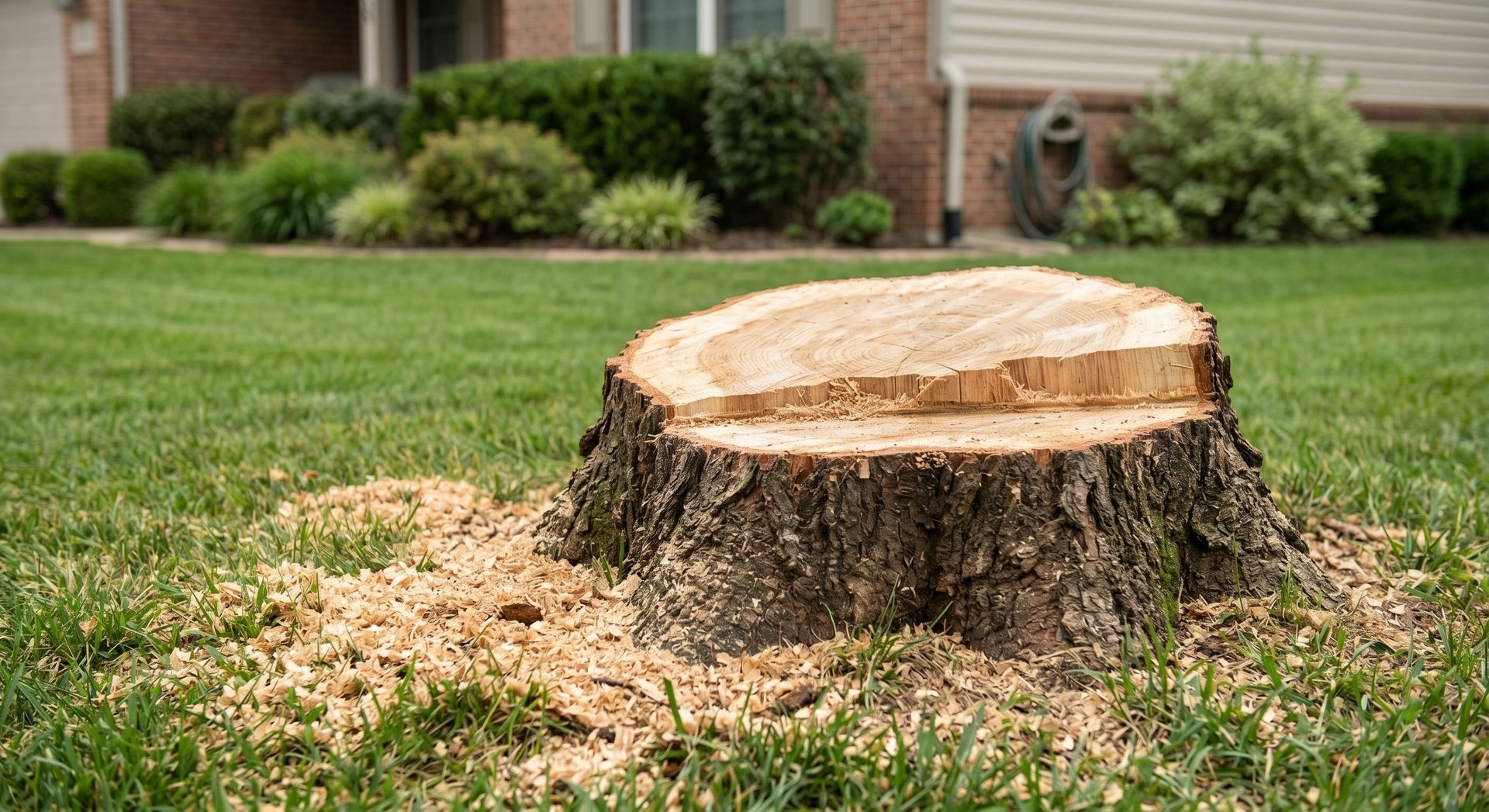 Freshly cut tree stump in a grassy yard with wood chips around it.