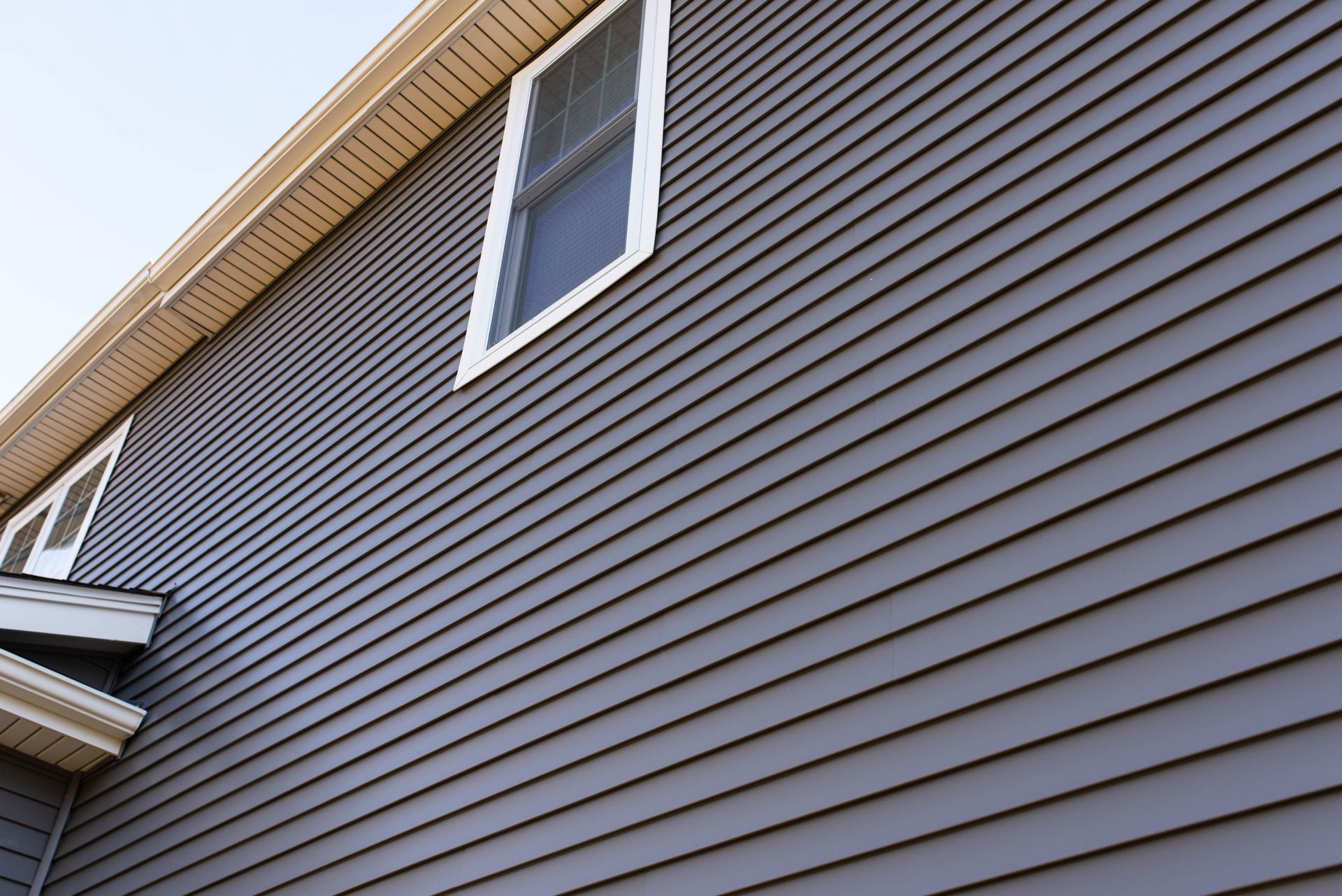Dark gray vinyl siding on a house with white trim around a window and light tan soffit.