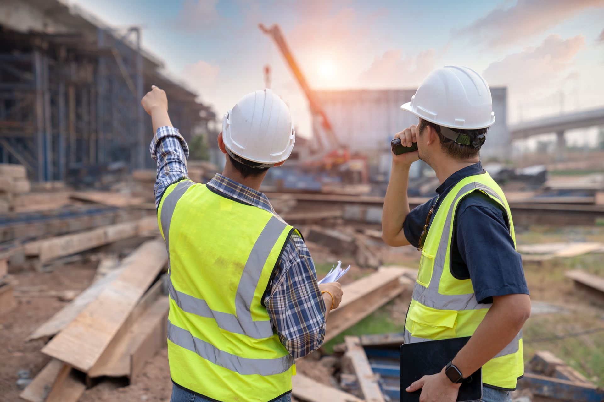 Two construction workers are looking at a construction site.