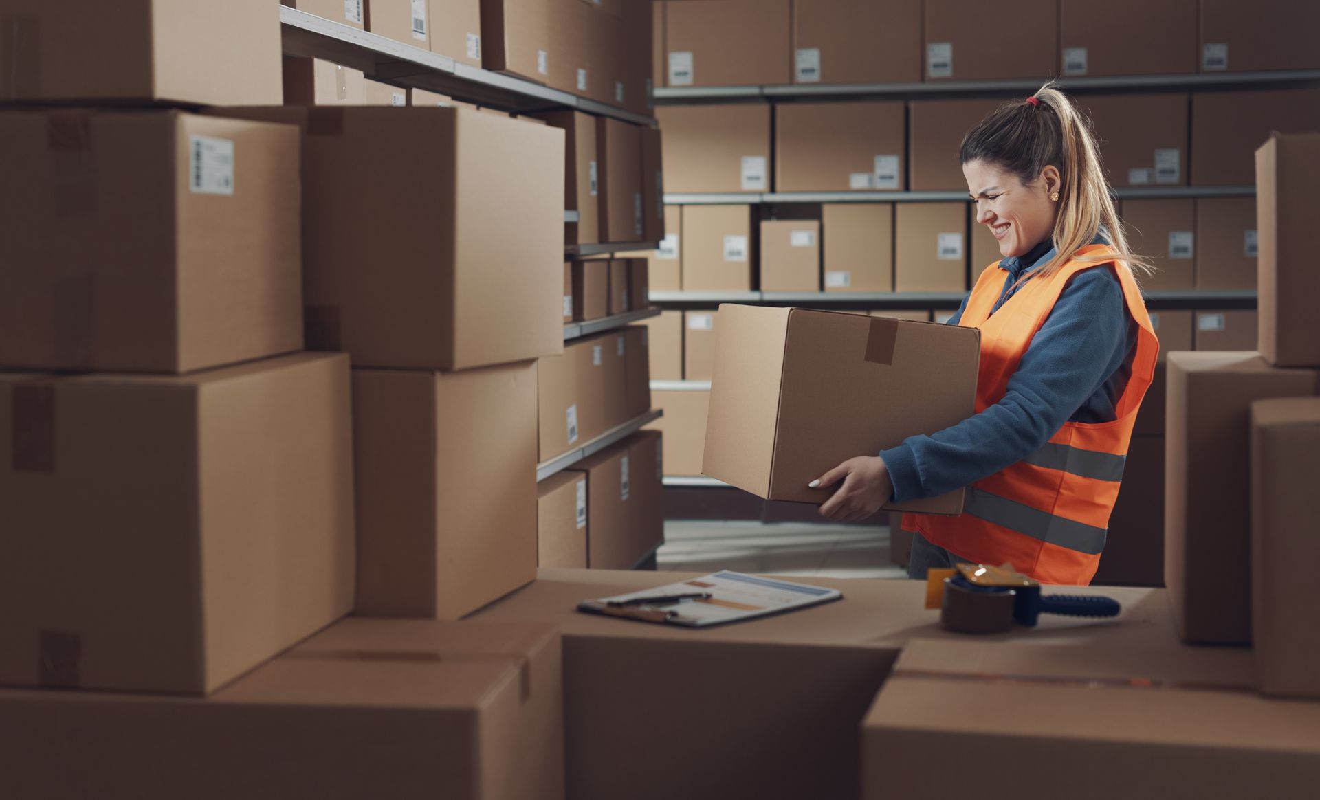 A woman is holding a cardboard box in a warehouse.