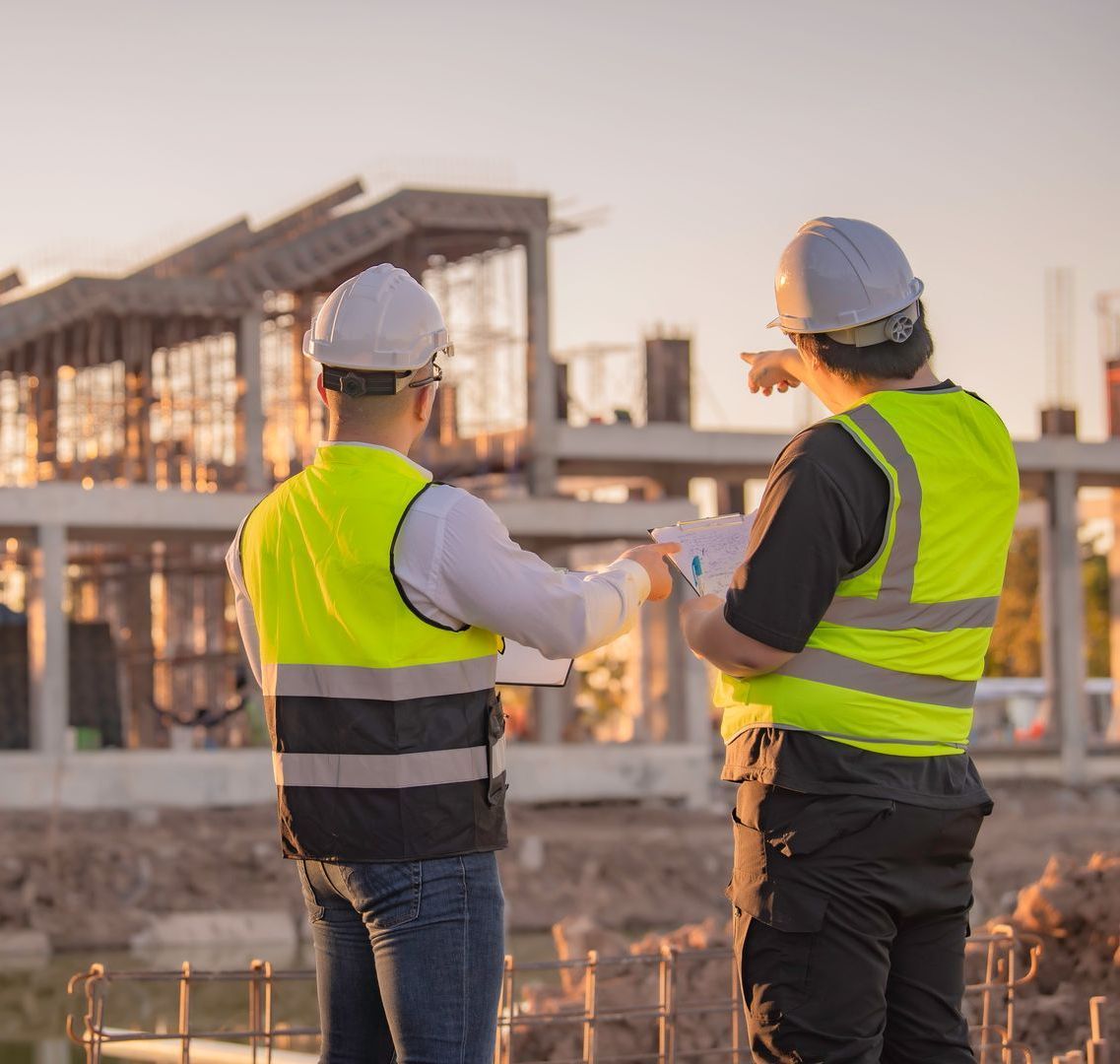 Two construction workers are looking at a blueprint on a construction site.