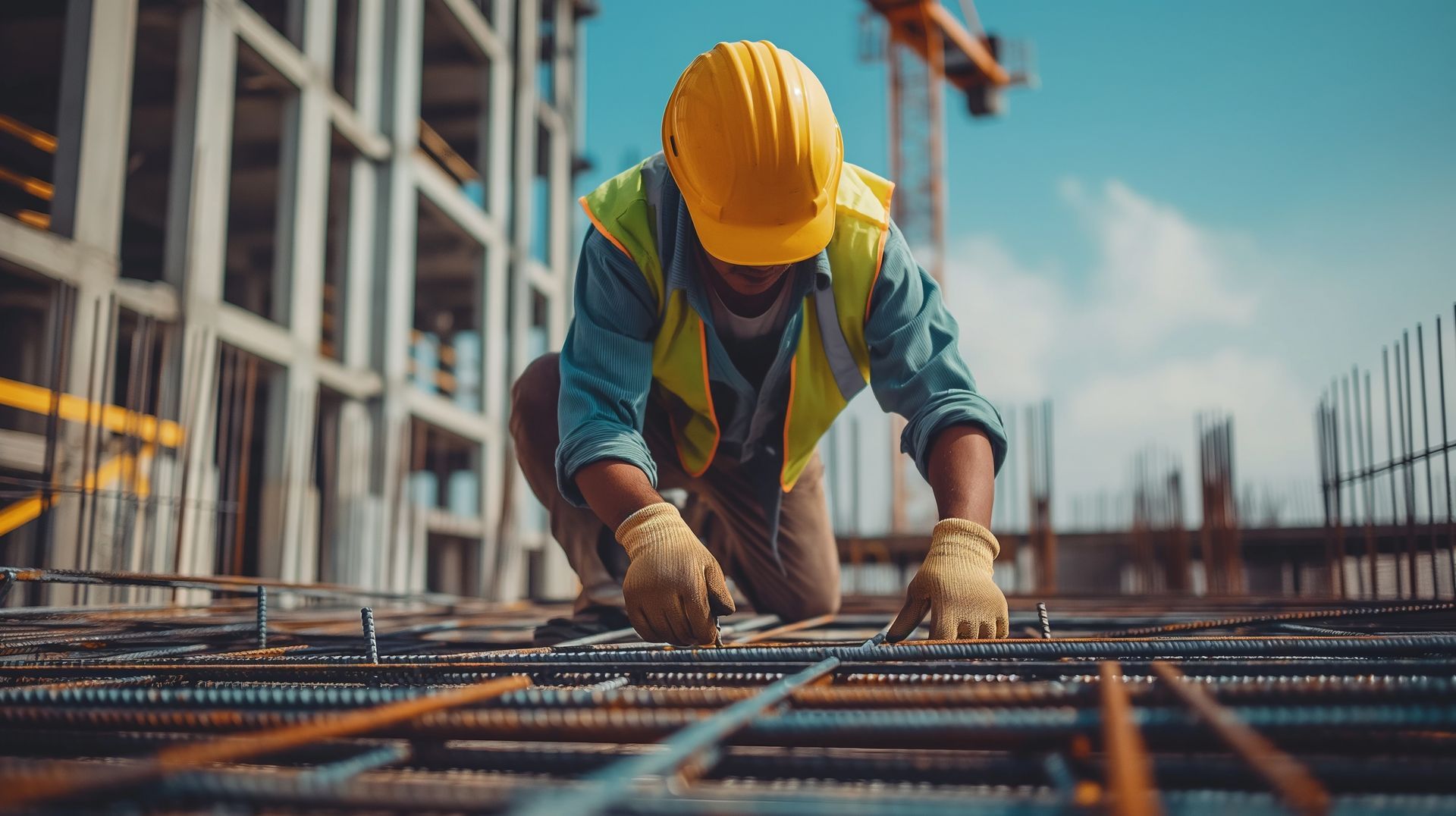 A construction worker is kneeling down on the ground at a construction site.