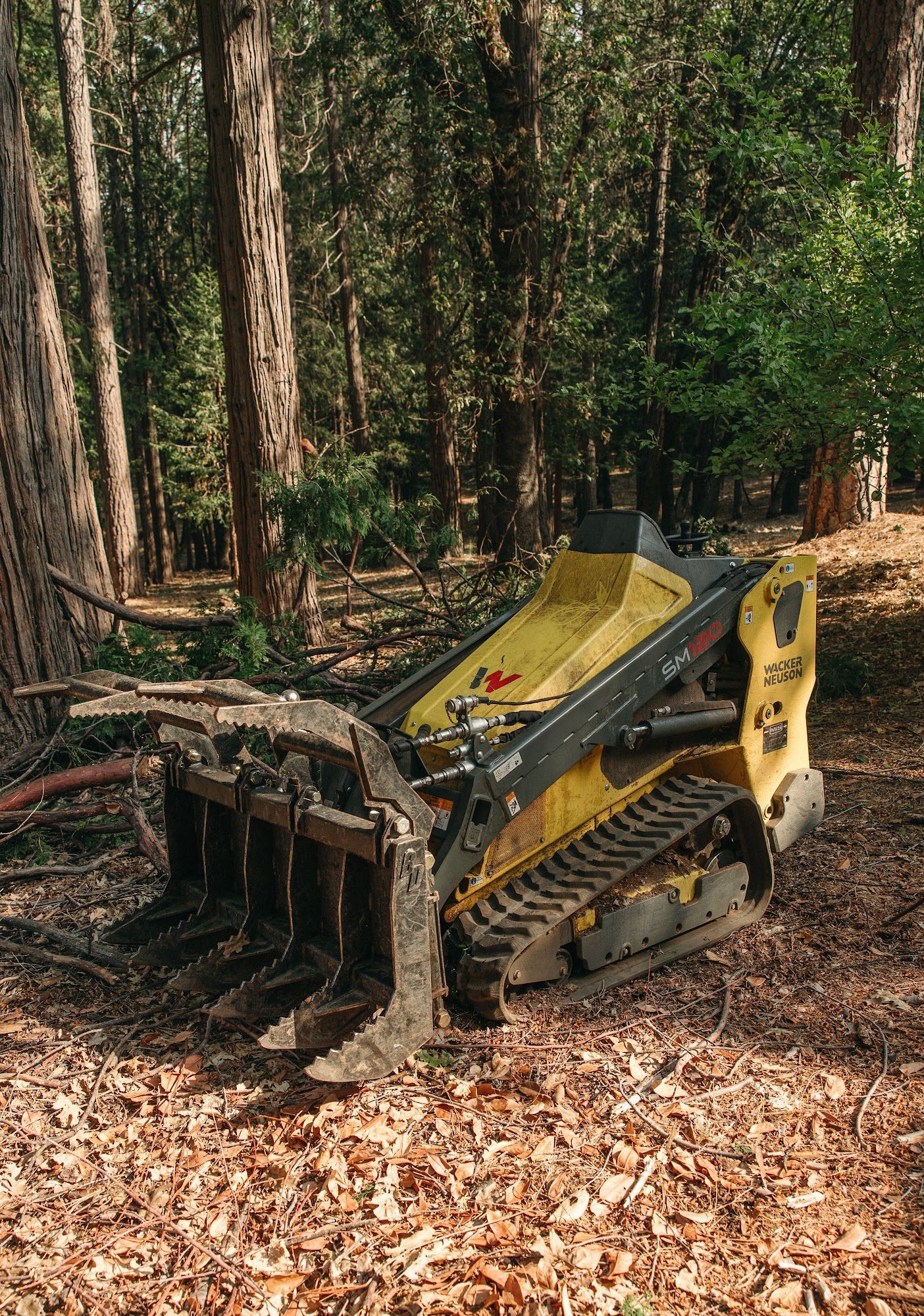 Yellow skid steer in a wooded area clearing leaf litter and debris