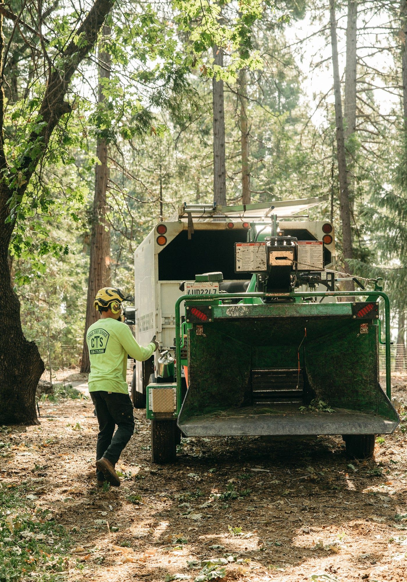 Worker beside green wood chipper truck in a wooded area