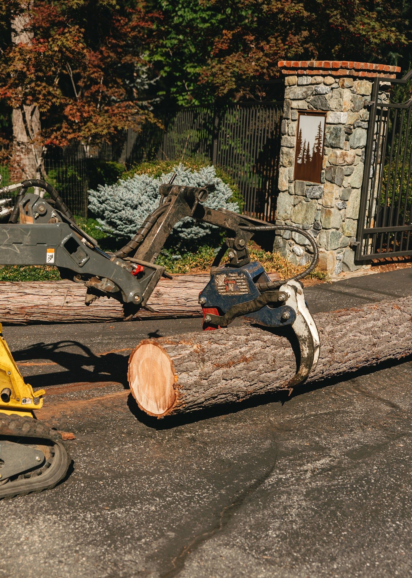 Log split by a chainsaw on a street beside a stone gate and trees