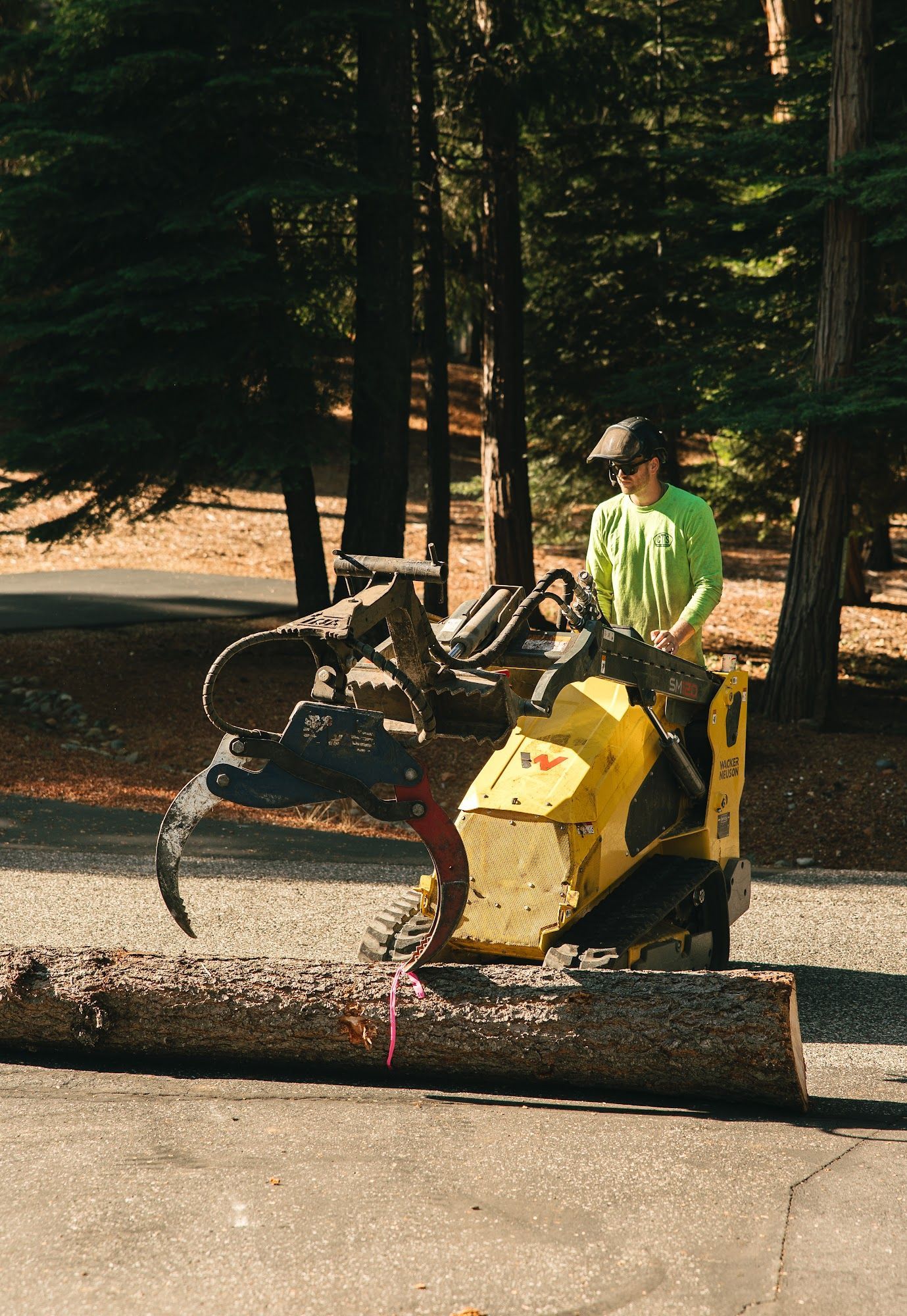 Worker in neon green shirt operating a yellow street sweeper beside a fallen log in a wooded area