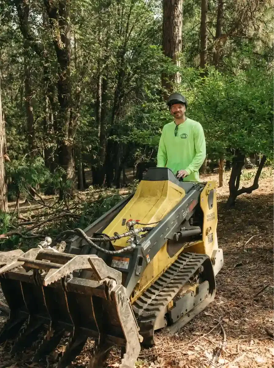 Person in a neon green shirt standing on a small tracked loader in a wooded area.