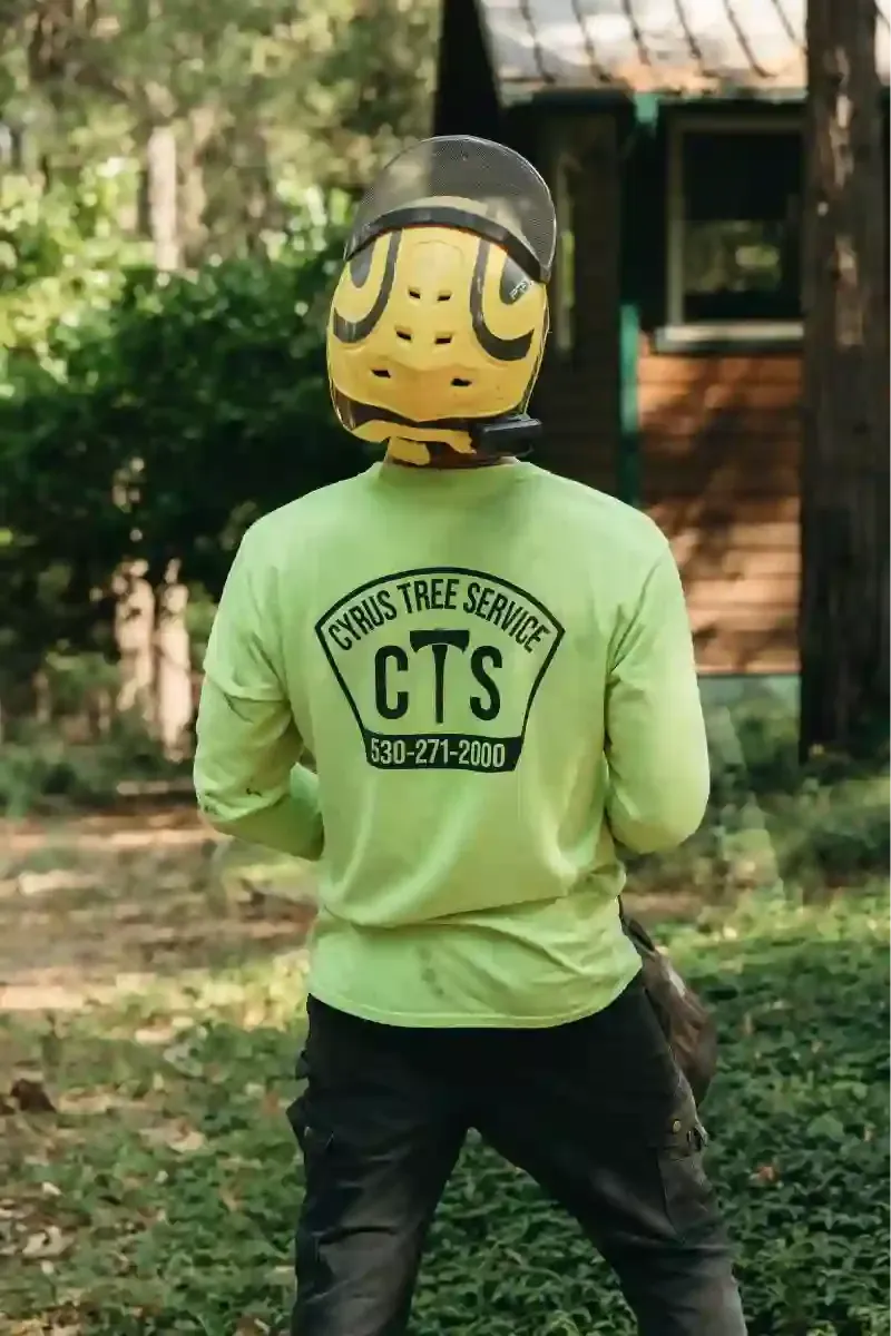Person in a yellow helmet and green shirt standing outdoors, seen from behind.