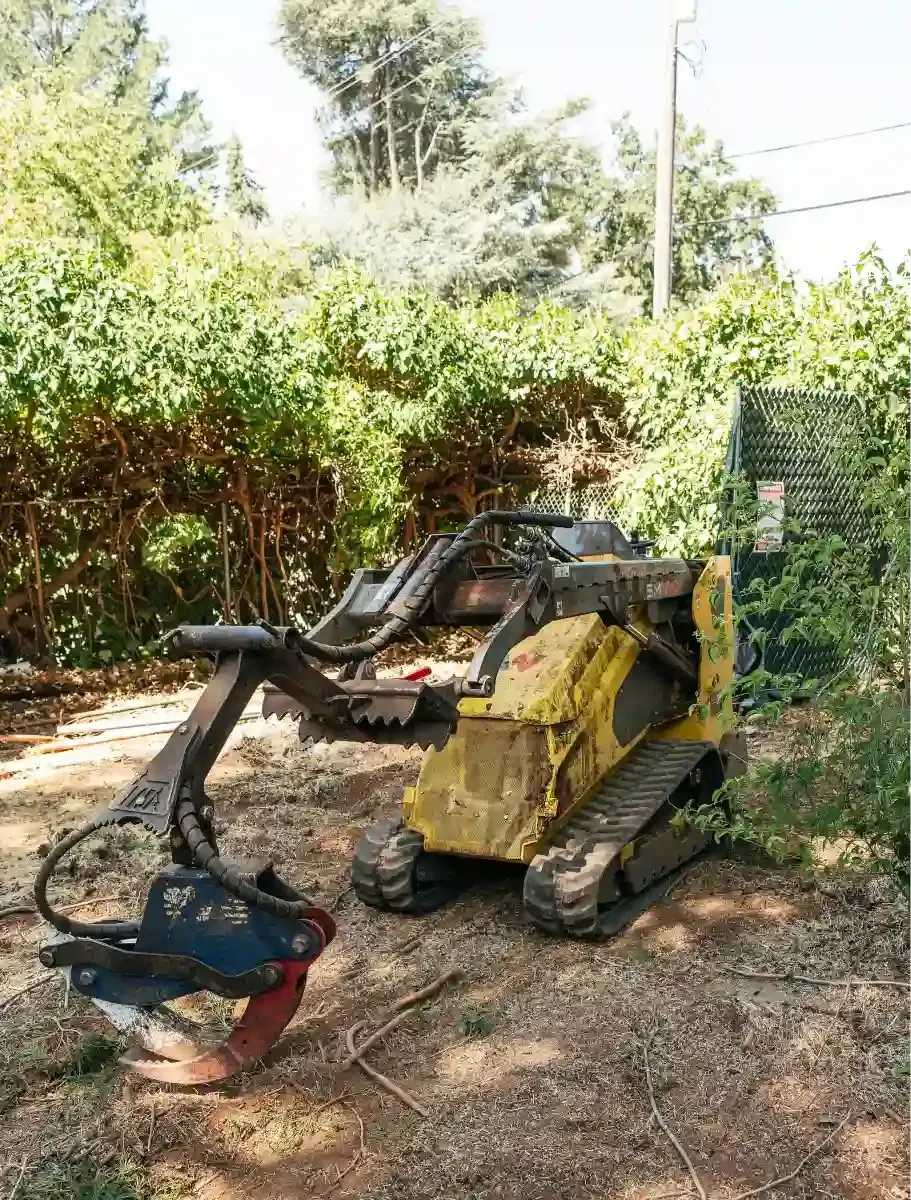 Yellow mini excavator and a blue/orange attachment on a dirt lot beside a leafy fence.