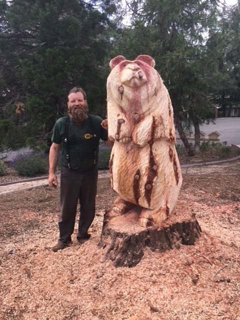 Man standing beside a large carved wooden bear sculpture outdoors in a wooded area.