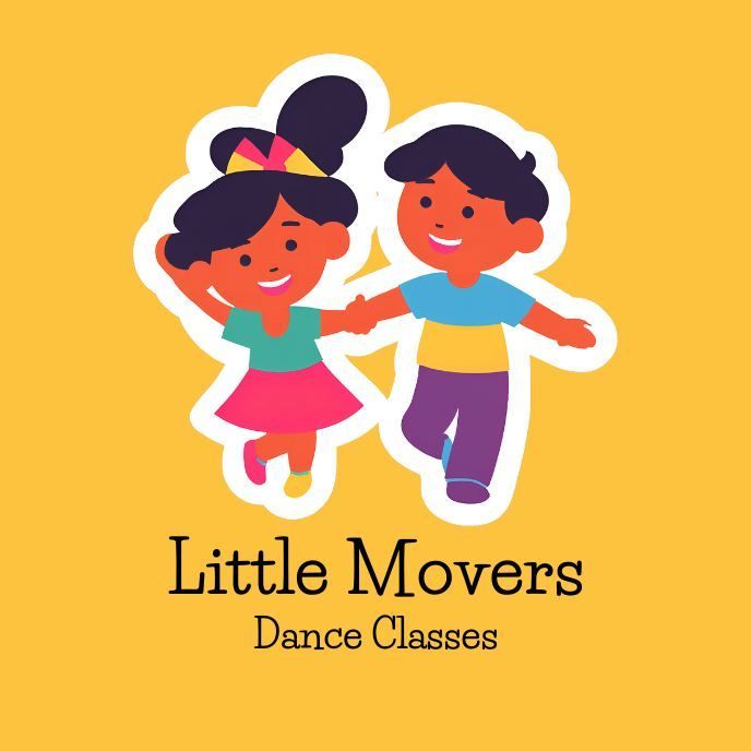 Two cartoon children dancing, colorful clothes, yellow background, "Little Movers Dance Classes" text.