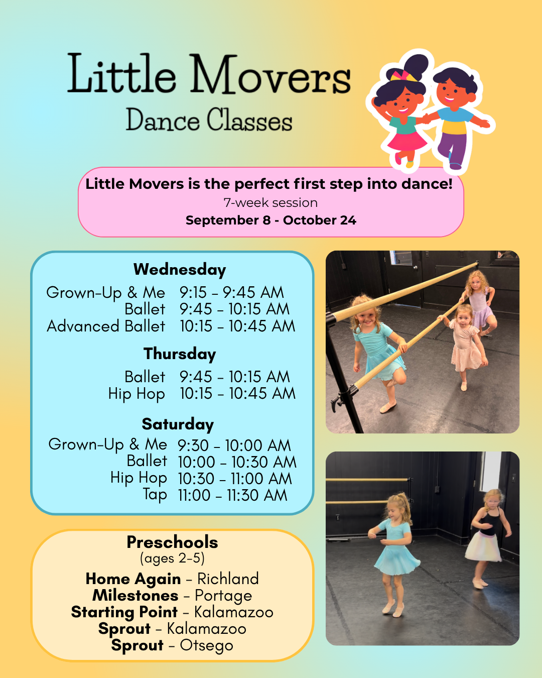 Flyer for Little Movers Dance Classes. Fall Classes for young children.