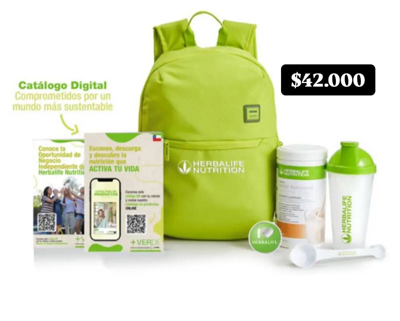 Kit Herbalife: mochila verde, suplementos, shaker, scoop, catálogo digital; precio $42.000.