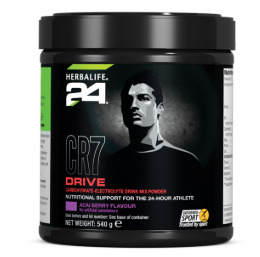 Envase negro de bebida deportiva Herbalife CR7 Drive con la silueta de Cristiano Ronaldo, sabor a açai berry.