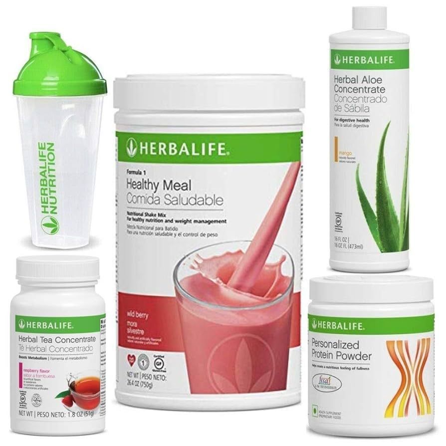 Productos de nutrición Herbalife: vaso de batido, polvo de comida saludable.