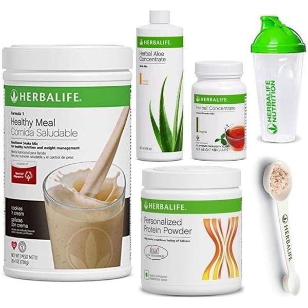 Productos Herbalife: batido Fórmula 1, concentrado de aloe, concentrado de té, proteína en polvo.