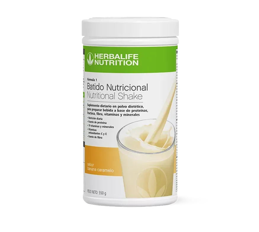 Envase de batido nutricional Herbalife Nutrition, sabor vainilla, con vertidor de batido en vaso.