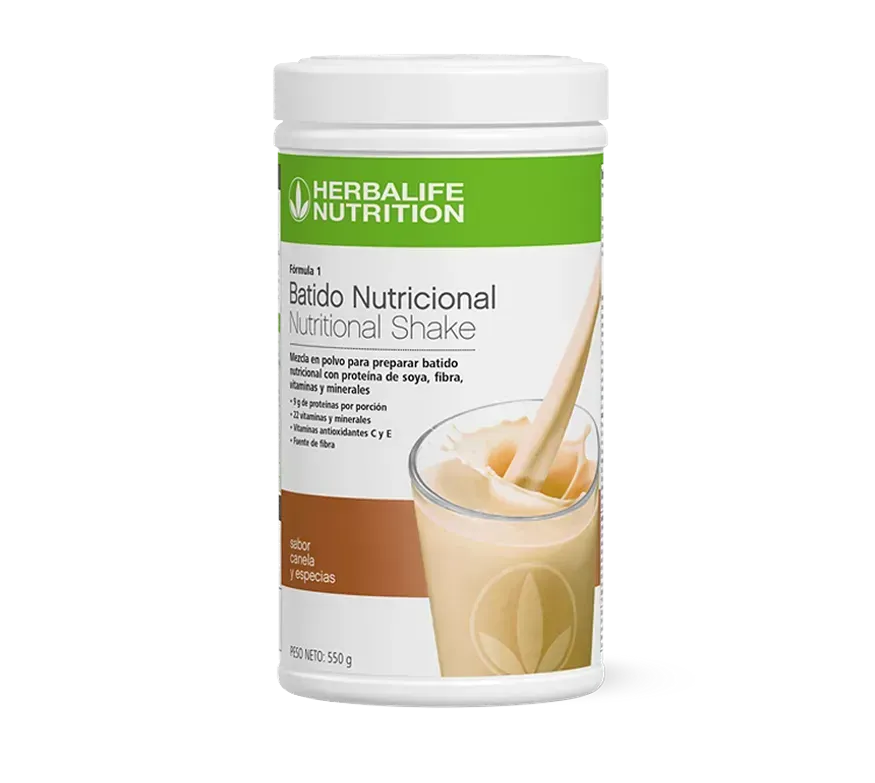 Envase de batido nutricional Herbalife, blanco con detalles verdes y marrones. Muestra un batido en un vaso con pajita.