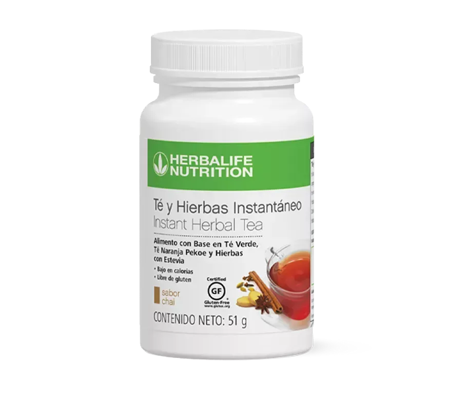 Botella de té de hierbas instantáneo Herbalife Nutrition, color blanco, etiqueta verde, texto en español.