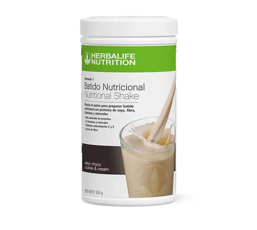 Envase de batido Herbalife Nutrition con sabor “Cookies & Cream”; vaso de batido con cuchara.