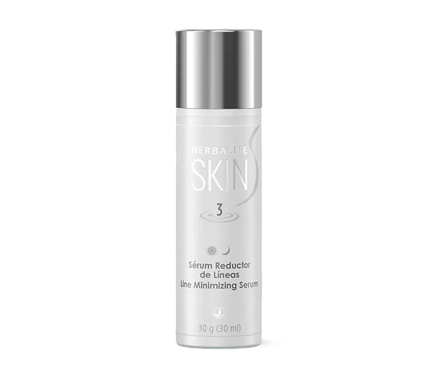 Suero minimizador de líneas de expresión Herbalife Skin en una botella blanca con tapón plateado.