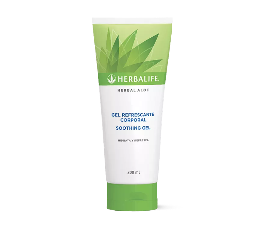 Tubo de gel calmante Herbal Aloe de Herbalife, blanco con detalles verdes, con diseño de aloe vera.