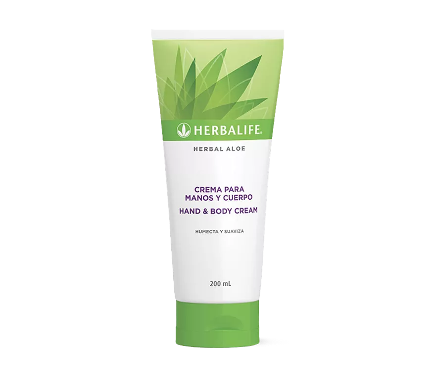 Tubo de crema de manos y cuerpo Herbalife con diseño de hoja de aloe verde, fondo blanco.