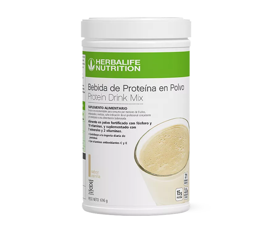 Envase de mezcla para bebida proteica Herbalife. Blanco con detalles en verde y canela. Muestra un vaso de bebida proteica.
