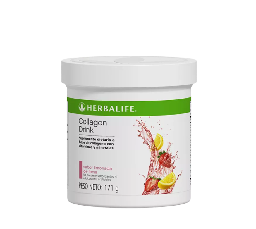 Envase de bebida de colágeno Herbalife con ilustración de frutas. Colores blanco y verde.