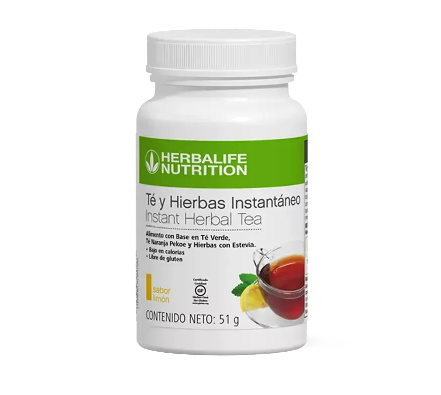 Botella blanca de té instantáneo Herbalife. Etiqueta verde, ilustración de té con limón.