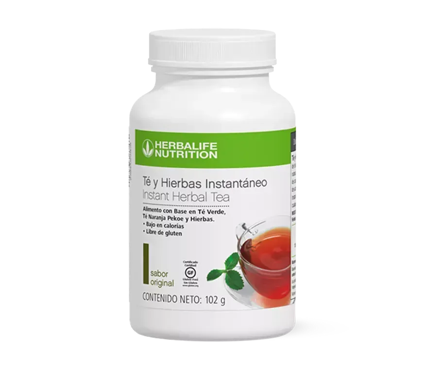 Botella blanca de té de hierbas instantáneo Herbalife Nutrition, con una taza de té en la etiqueta.