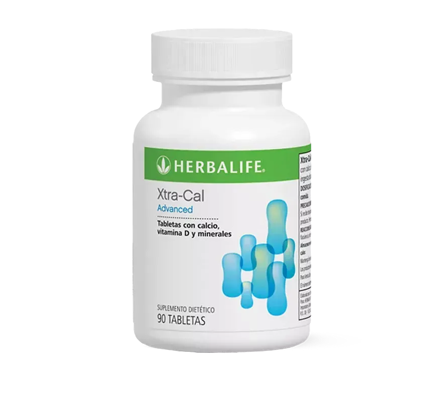 Botella blanca de tabletas Herbalife Xtra-Cell Advanced, con calcio, vitamina D y minerales.
