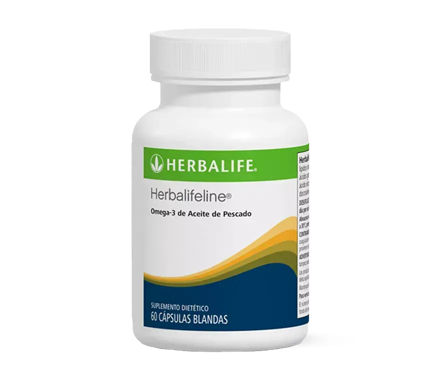 Botella blanca de cápsulas de aceite de pescado Herbalife Herbalifeline Omega-3.