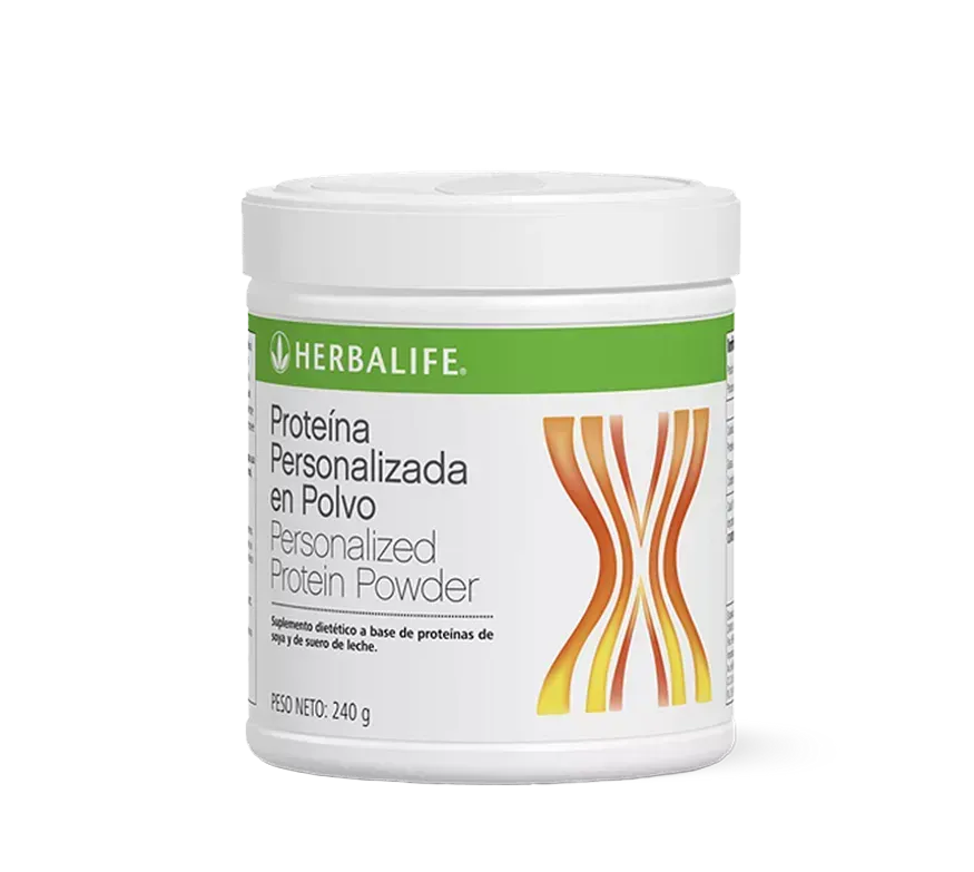 Envase de proteína en polvo Herbalife de color blanco con detalles en verde y amarillo.