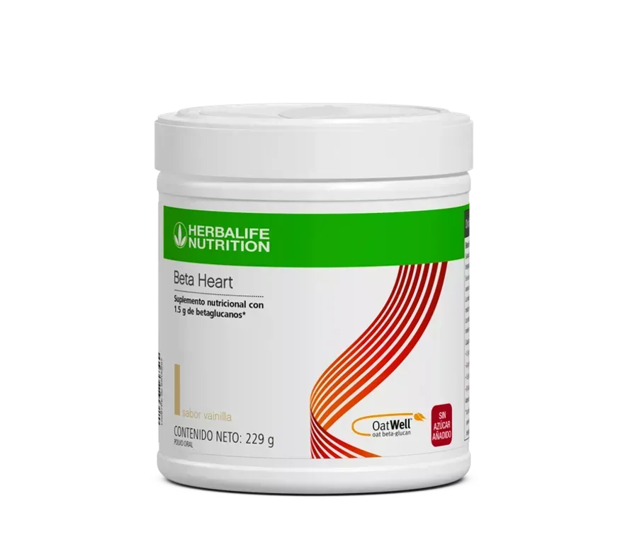 Contenedor Herbalife Beta Heart de color blanco con detalles en verde y naranja.