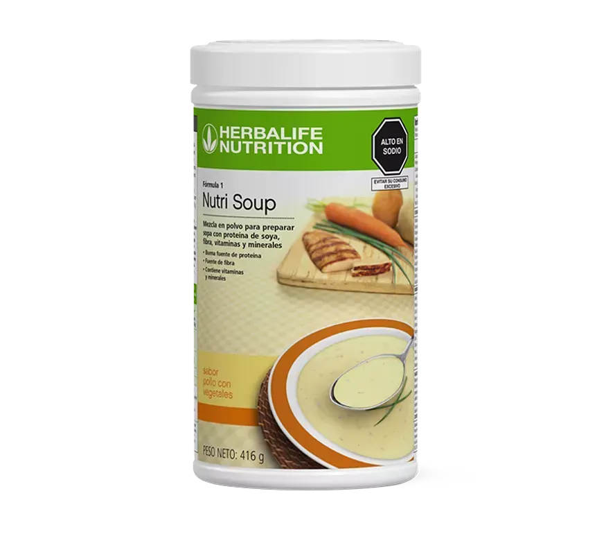 Envase de sopa Herbalife Nuri con sopa e ingredientes mostrados.