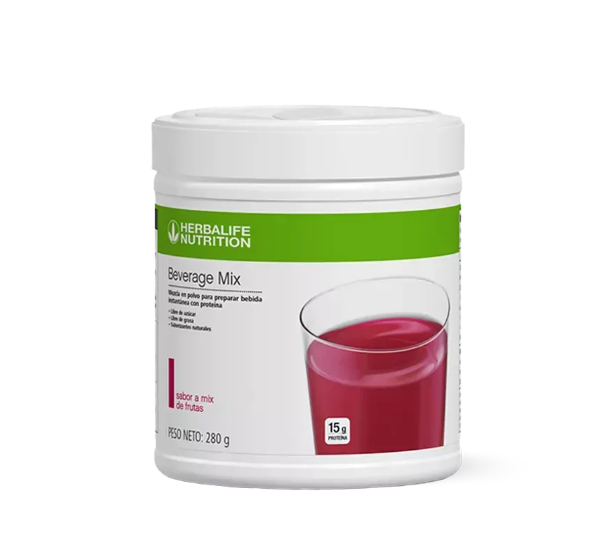 Envase de mezcla para bebida Herbalife Nutrition de color blanco con vaso de líquido rojo; 380 g.