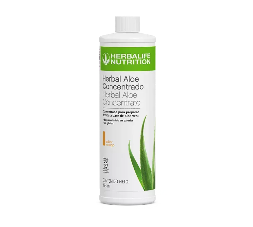 Botella de concentrado de aloe herbario Herbalife con etiqueta verde e ilustración de aloe.