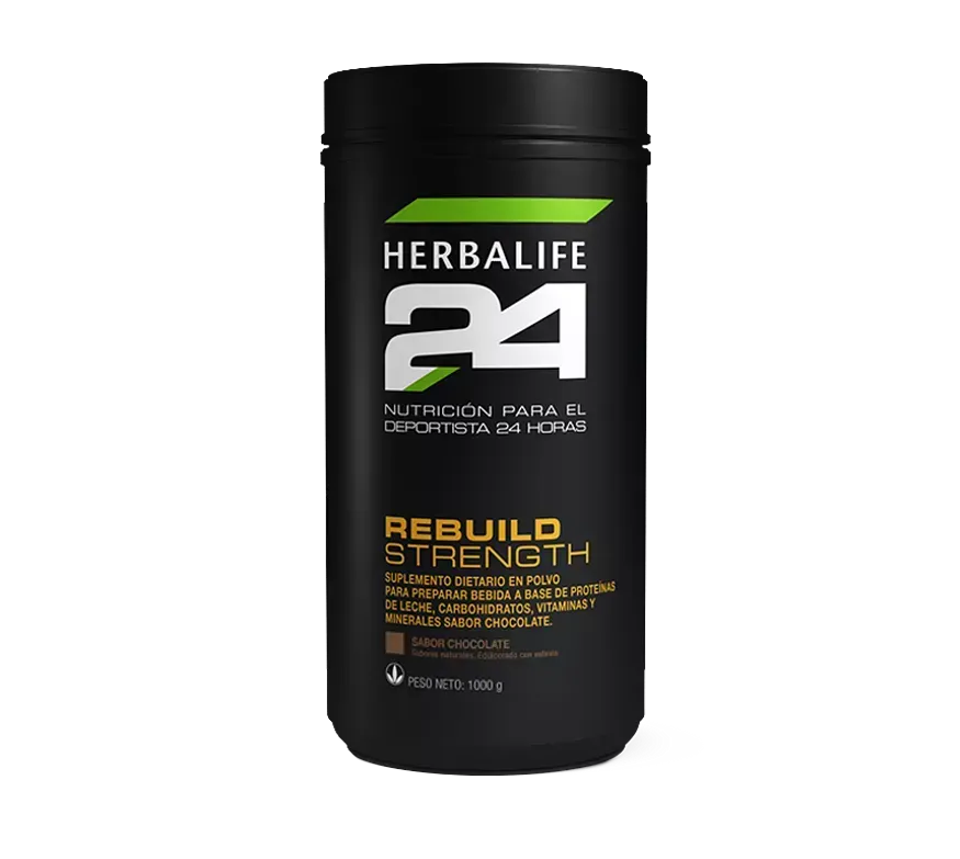 Envase de proteína en polvo Herbalife 24 Rebuild Strength de color negro con detalles en verde y dorado.