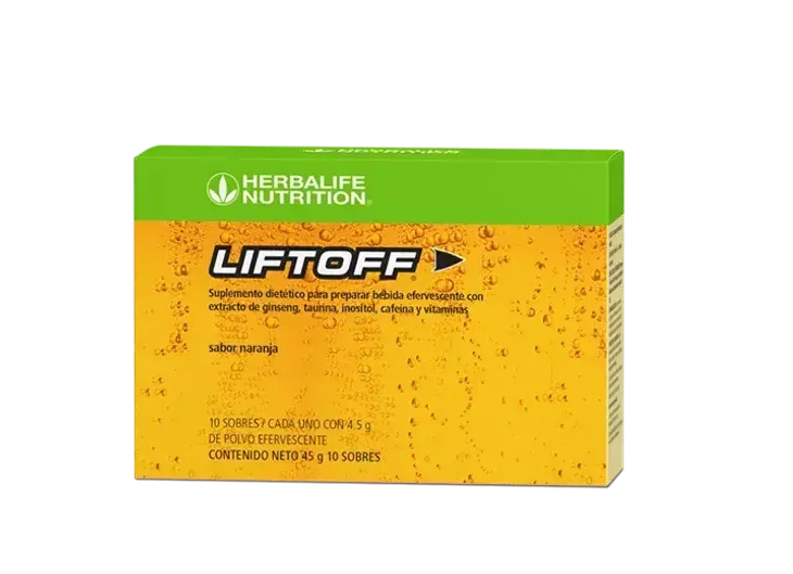 Caja de mezcla de bebida energética Herbalife LiftOff en color amarillo anaranjado con detalles y logotipo en verde.
