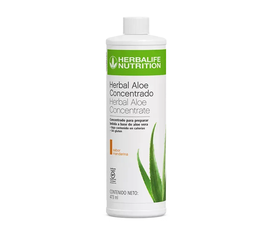 Botella de concentrado de aloe vera de Herbalife Nutrition. Botella verde y blanca con diseño de aloe vera.