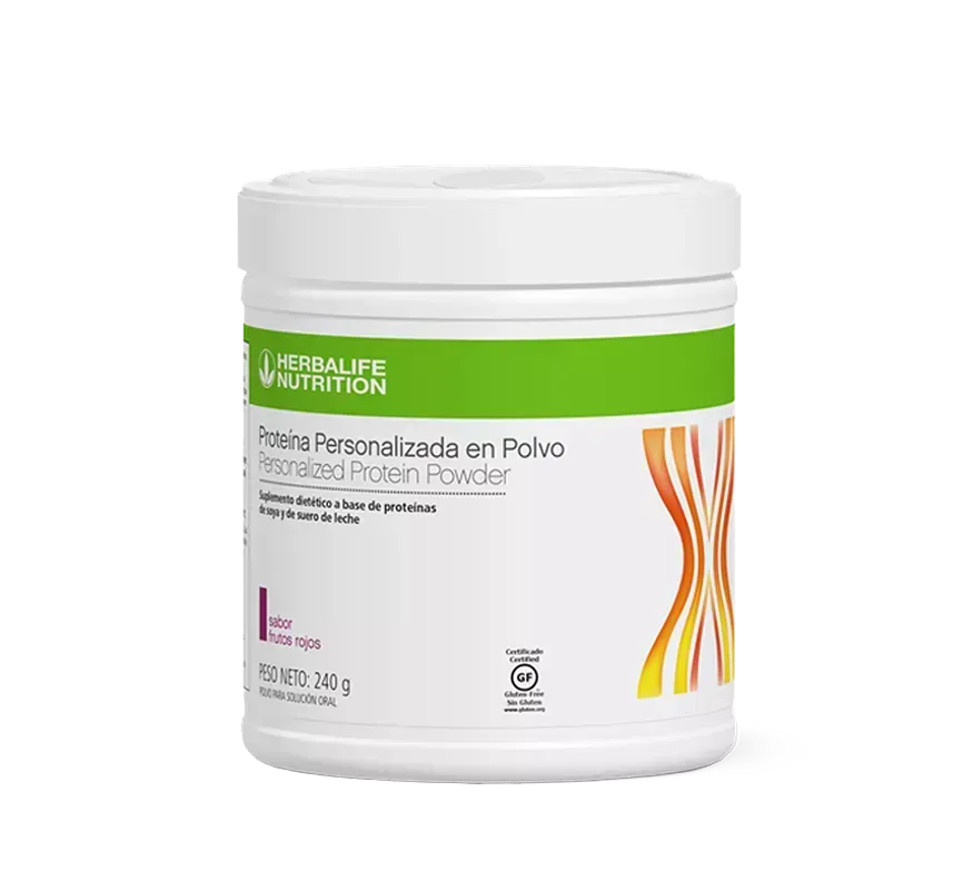 Envase de proteína en polvo Herbalife Nutrition de color blanco con detalles en verde y naranja.