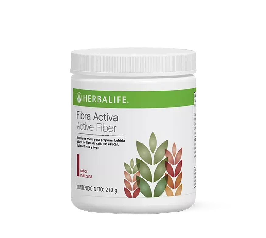 Envase blanco de Fibras Activas de Herbalife. Franja verde con texto e ilustraciones de plantas.