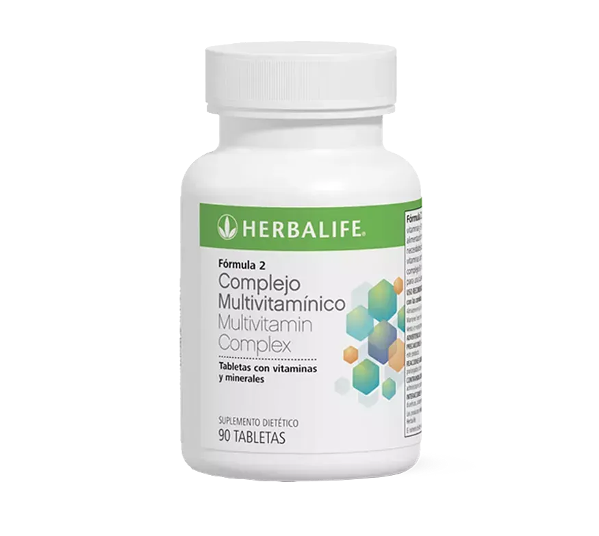 Botella blanca de complejo multivitamínico Herbalife con diseño verde y azul, 90 tabletas.