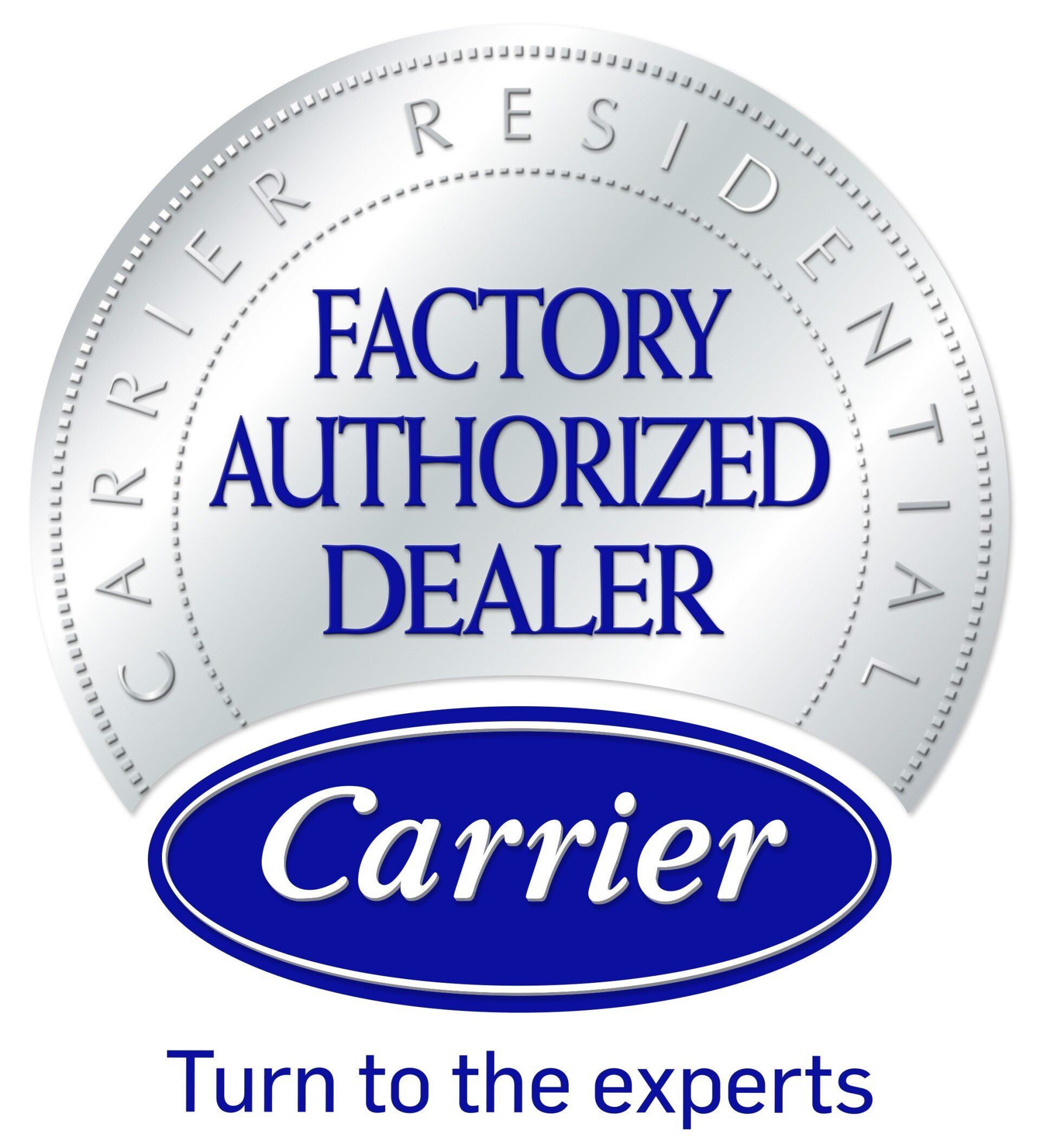 Carrier Factory Authorized Dealer badge with blue and silver accents.