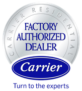 Carrier Factory Authorized Dealer logo: silver seal with blue text and Carrier oval.