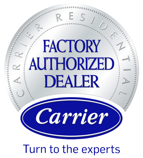 Carrier Factory Authorized Dealer logo: silver seal with blue text and Carrier logo, says