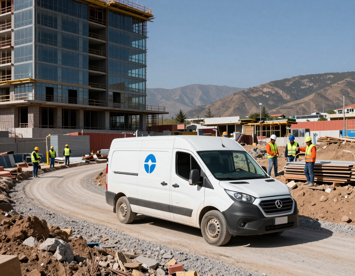 Furgoneta blanca en una obra en construcción con trabajadores, un edificio sin terminar y montañas al fondo.